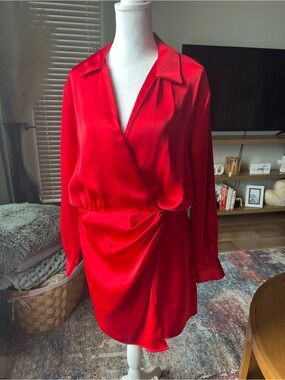 Red Satin Wrap-Style Long Sleeve Mini Dress ZARA Large